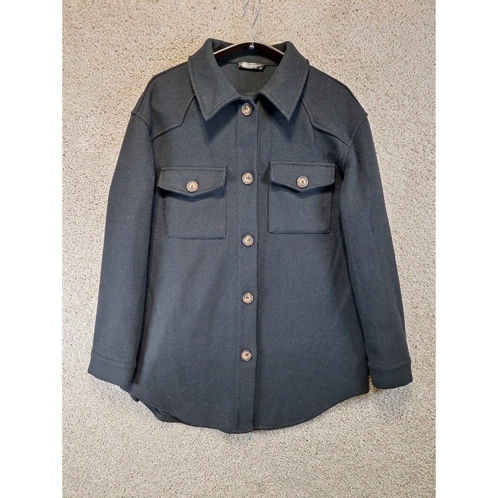 Pretty Garden Shacket Women's S Black Stretch Double Pockets Collared Button Up